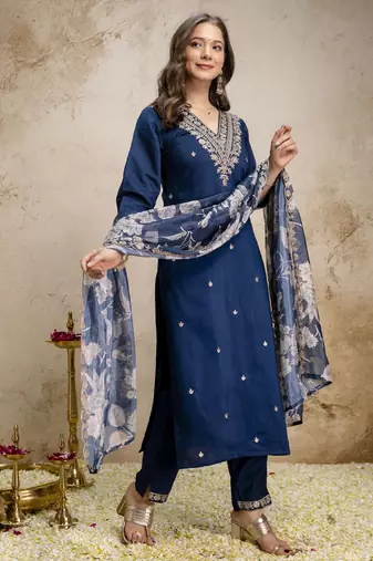 Women's dark blue silk blend straight kurta set with dupatta and pant