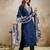 Women's dark blue silk blend straight kurta set with dupatta and pant