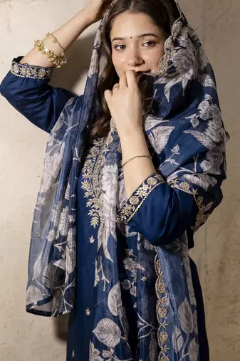 Women's dark blue silk blend straight kurta set with dupatta and pant