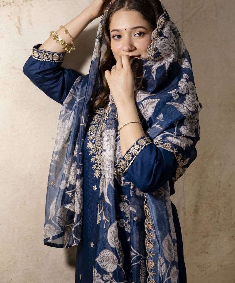Women's dark blue silk blend straight kurta set with dupatta and pant