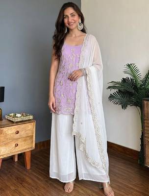Women's lavender embroidered georgette kurti set with dupatta and palazzo 1