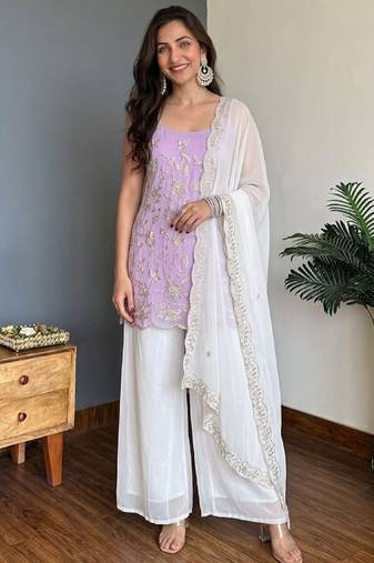 Women's lavender embroidered georgette kurti set with dupatta and palazzo
