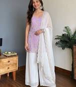 Women's lavender embroidered georgette kurti set with dupatta and palazzo