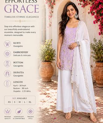 Women's lavender embroidered georgette kurti set with dupatta and palazzo 2