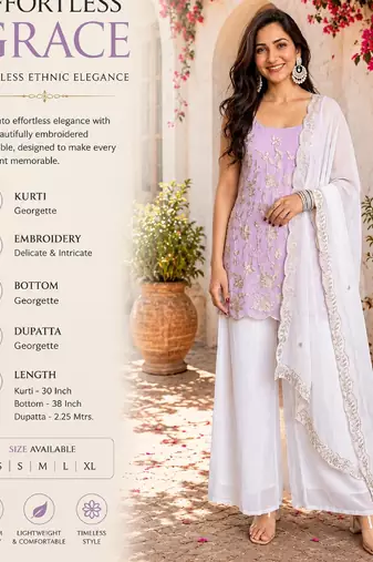 Women's lavender embroidered georgette kurti set with dupatta and palazzo