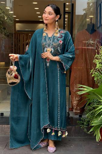 Women's teal chanderi straight kurta set with dupatta and pant