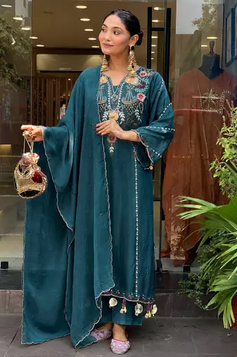Women's teal chanderi straight kurta set with dupatta and pant