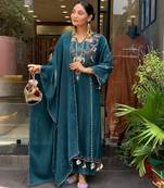 Women's teal chanderi straight kurta set with dupatta and pant