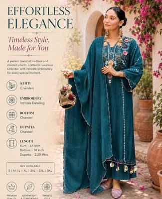 Women's teal chanderi straight kurta set with dupatta and pant 2