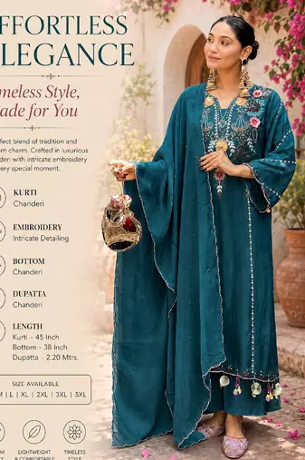 Women's teal chanderi straight kurta set with dupatta and pant