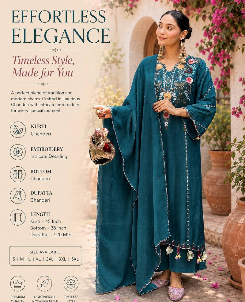 Women's teal chanderi straight kurta set with dupatta and pant