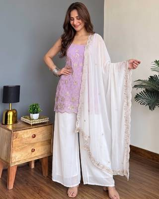 Women's lavender embroidered georgette kurti set with dupatta and palazzo 3
