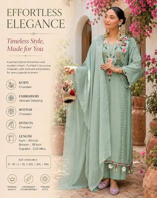 Women's light green chanderi straight kurta set with dupatta and pant 2