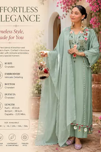 Women's light green chanderi straight kurta set with dupatta and pant