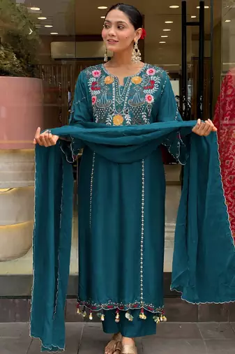 Women's teal chanderi straight kurta set with dupatta and pant