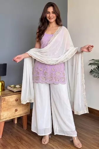 Women's lavender embroidered georgette kurti set with dupatta and palazzo