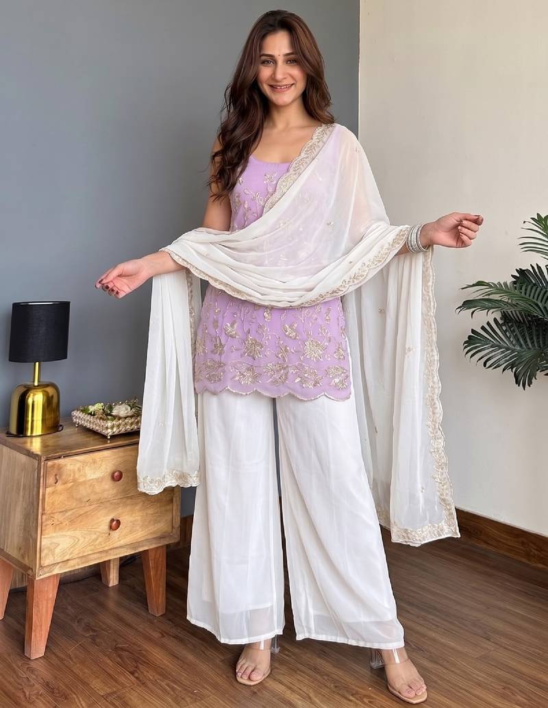 Women's lavender embroidered georgette kurti set with dupatta and palazzo