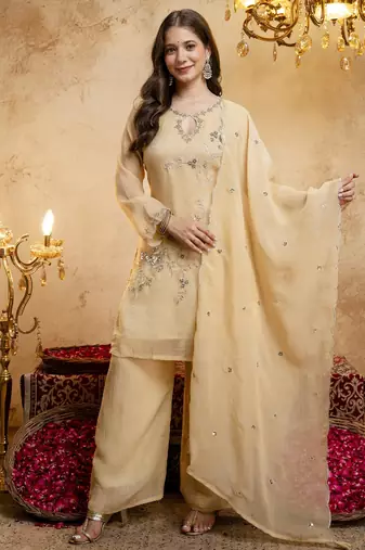 Women's yellow embroidered silk blend kurta set with dupatta and palazzo