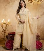 Women's yellow embroidered silk blend kurta set with dupatta and palazzo