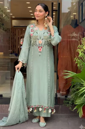 Women's light green chanderi straight kurta set with dupatta and pant