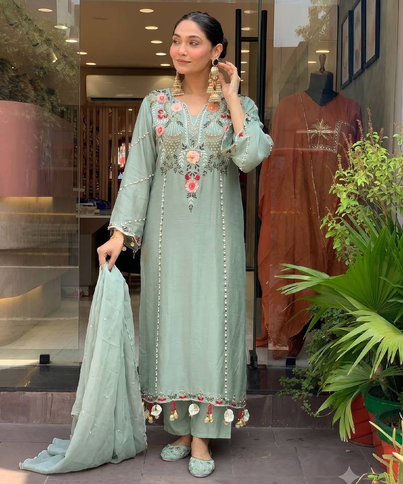 Women's light green chanderi straight kurta set with dupatta and pant