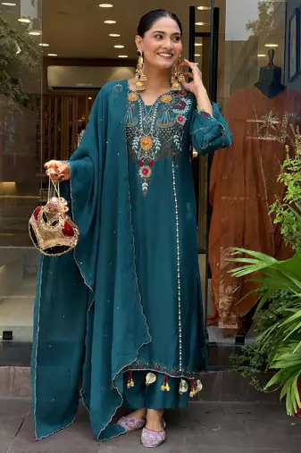 Women's teal chanderi straight kurta set with dupatta and pant