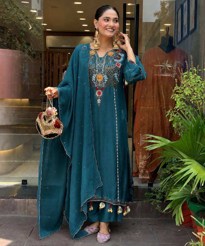 Women's teal chanderi straight kurta set with dupatta and pant