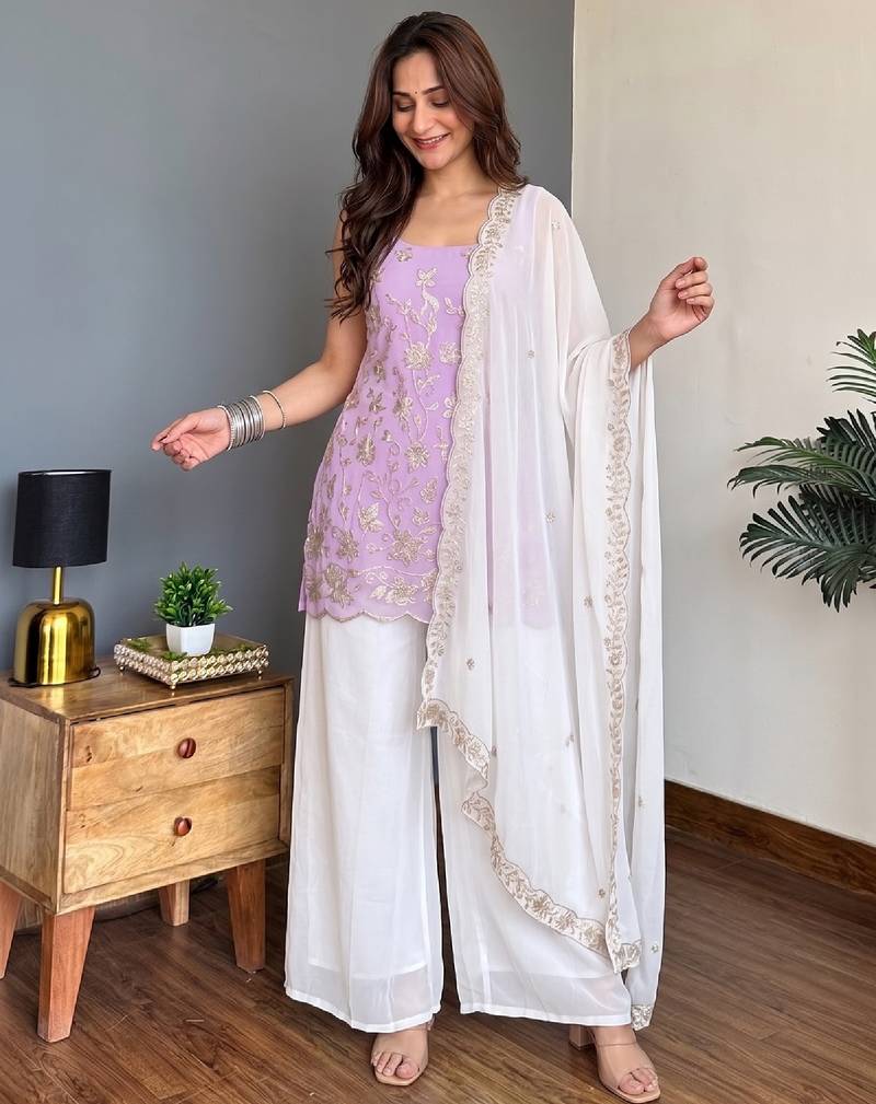 Women's lavender embroidered georgette kurti set with dupatta and palazzo