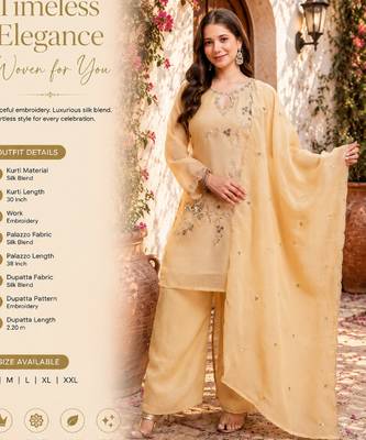Women's yellow embroidered silk blend kurta set with dupatta and palazzo 2