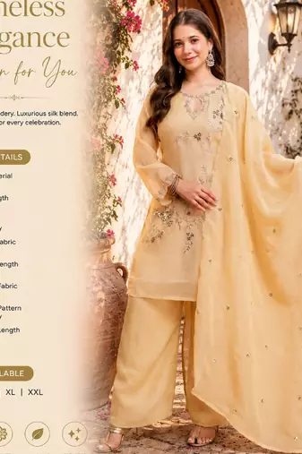Women's yellow embroidered silk blend kurta set with dupatta and palazzo
