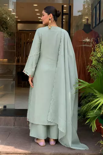 Women's light green chanderi straight kurta set with dupatta and pant