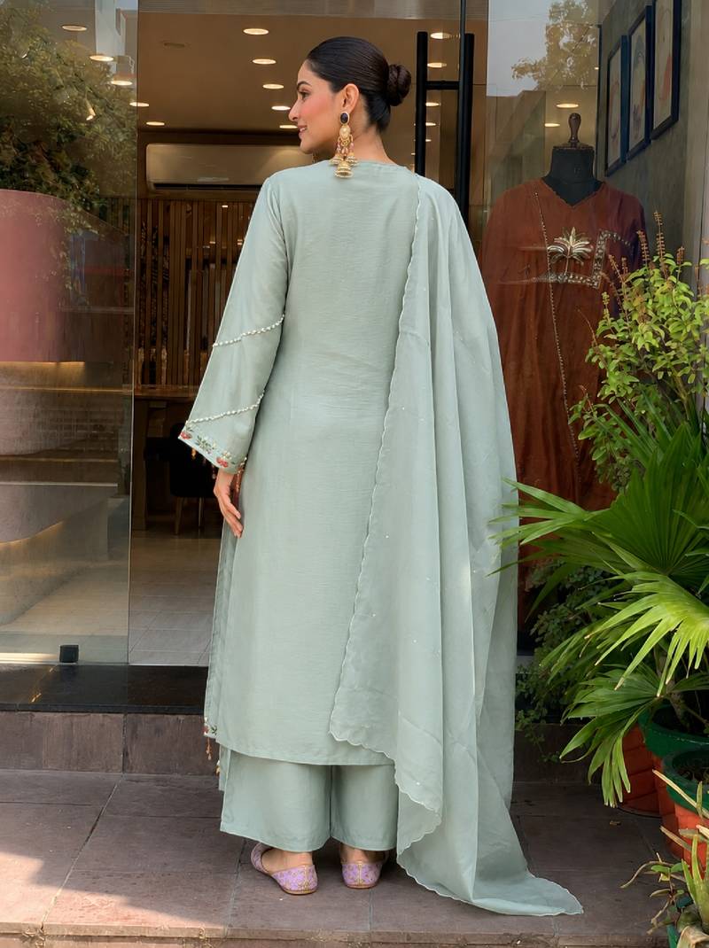 Women's light green chanderi straight kurta set with dupatta and pant