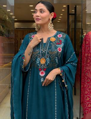 Women's teal chanderi straight kurta set with dupatta and pant 5