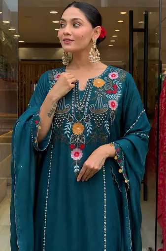Women's teal chanderi straight kurta set with dupatta and pant