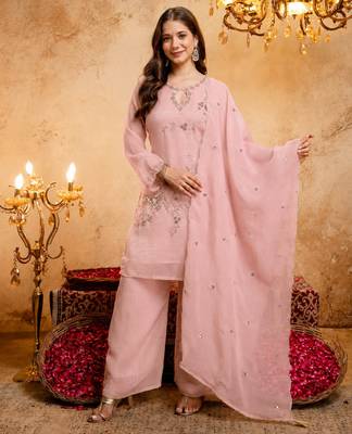 Women's pink embroidered silk blend kurta set with dupatta and palazzo 1