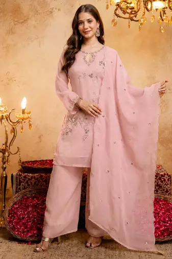 Women's pink embroidered silk blend kurta set with dupatta and palazzo