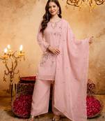 Women's pink embroidered silk blend kurta set with dupatta and palazzo