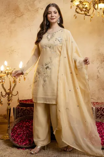 Women's yellow embroidered silk blend kurta set with dupatta and palazzo