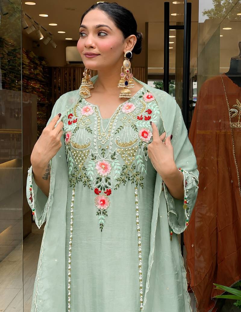 Women's light green chanderi straight kurta set with dupatta and pant