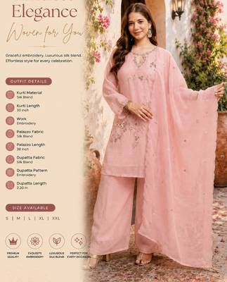 Women's pink embroidered silk blend kurta set with dupatta and palazzo 2