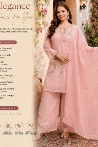 Women's pink embroidered silk blend kurta set with dupatta and palazzo