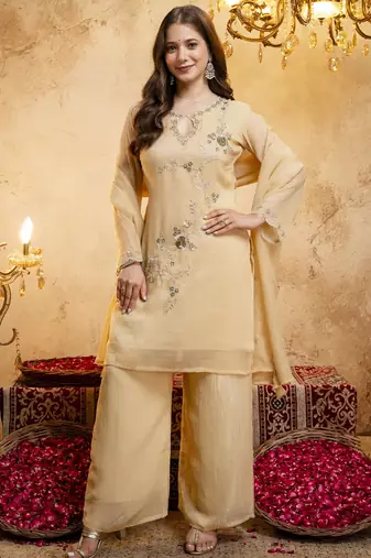 Women's yellow embroidered silk blend kurta set with dupatta and palazzo