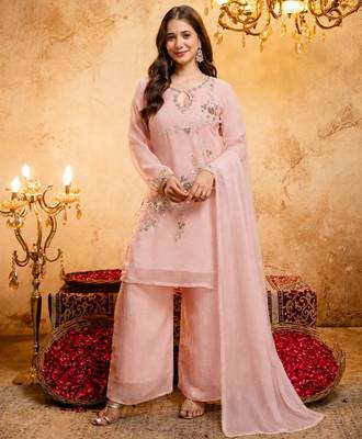 Women's pink embroidered silk blend kurta set with dupatta and palazzo 3