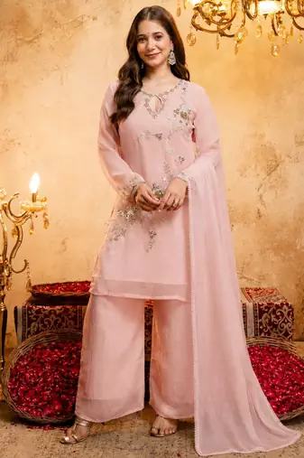 Women's pink embroidered silk blend kurta set with dupatta and palazzo