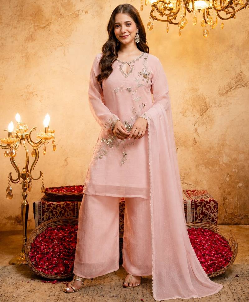 Women's pink embroidered silk blend kurta set with dupatta and palazzo