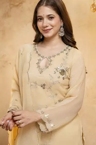 Women's yellow embroidered silk blend kurta set with dupatta and palazzo