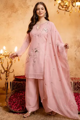 Women's pink embroidered silk blend kurta set with dupatta and palazzo
