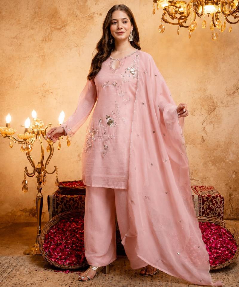 Women's pink embroidered silk blend kurta set with dupatta and palazzo