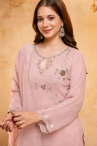 Women's pink embroidered silk blend kurta set with dupatta and palazzo