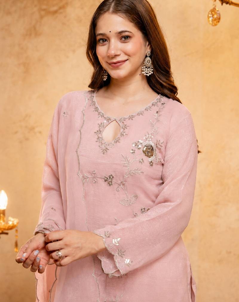 Women's pink embroidered silk blend kurta set with dupatta and palazzo